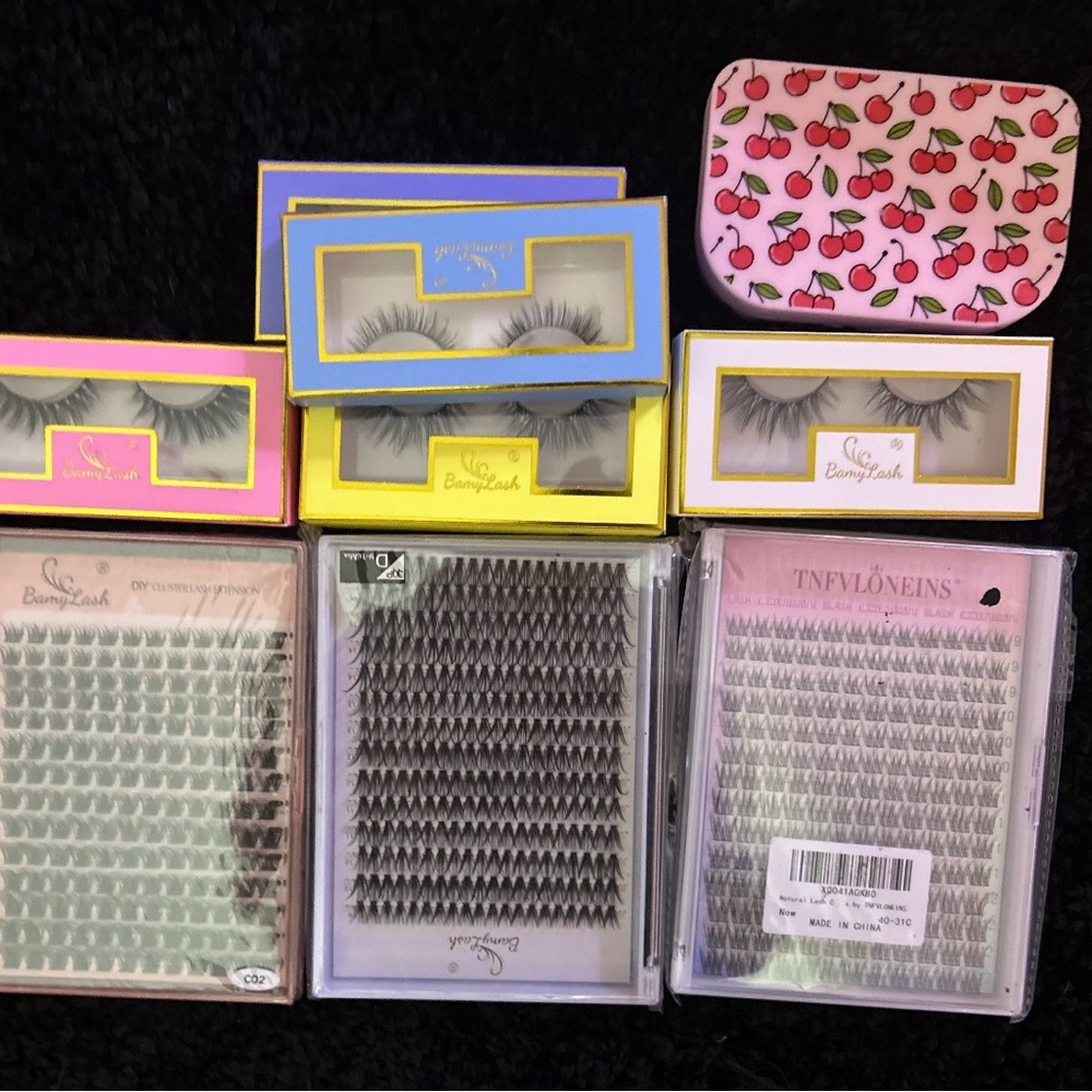 False Eyelash Lot with Cherry Case - Pink, Yellow, Blue